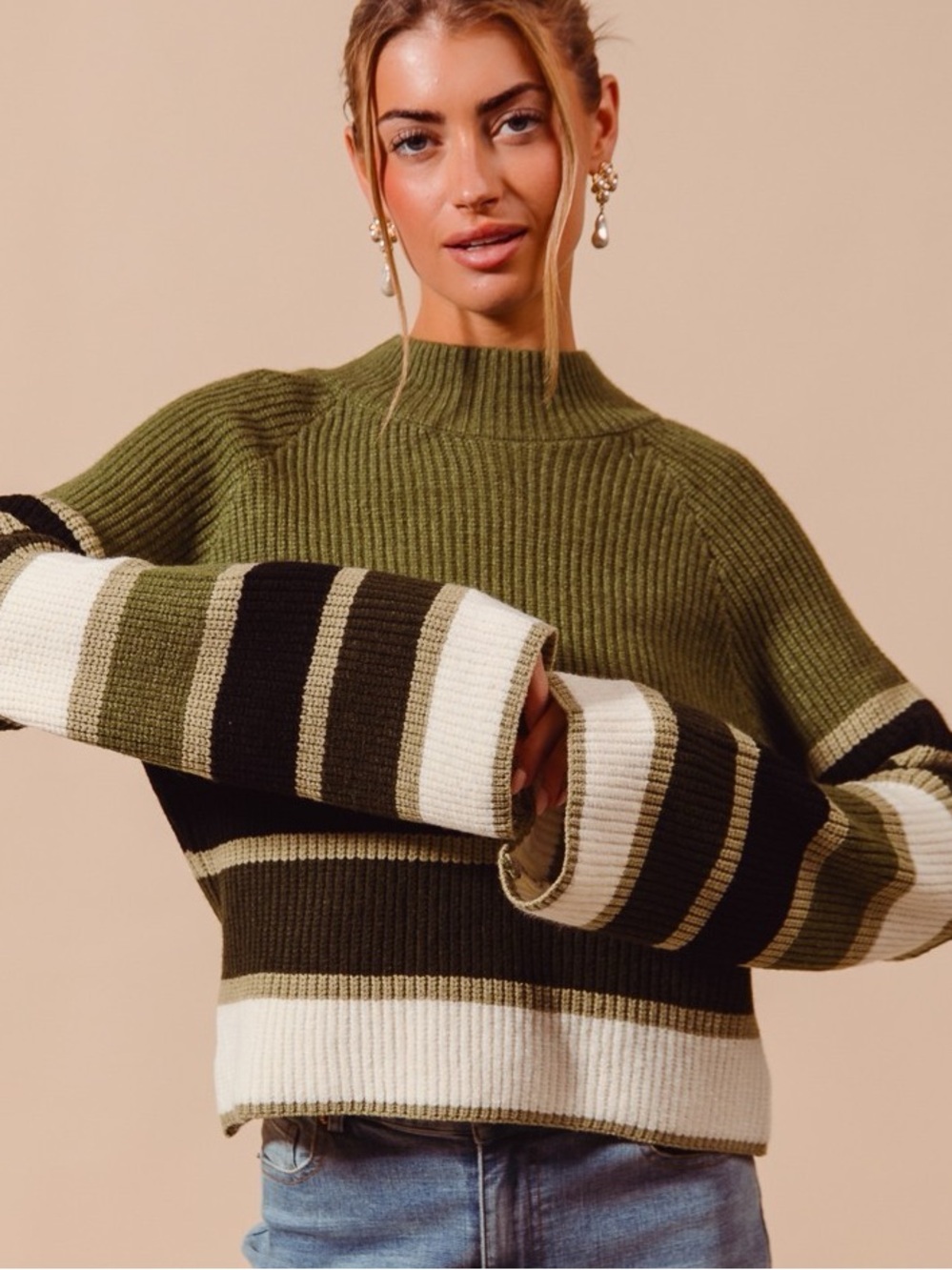 💚 Hello Gorgeous! Multi Color Striped Mock Neck Sweater